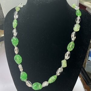 Vintage Czech Lampwork Glass Bead Necklace Green Striped Art Glass